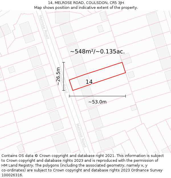 14, MELROSE ROAD, COULSDON, CR5 3JH: Plot and title map