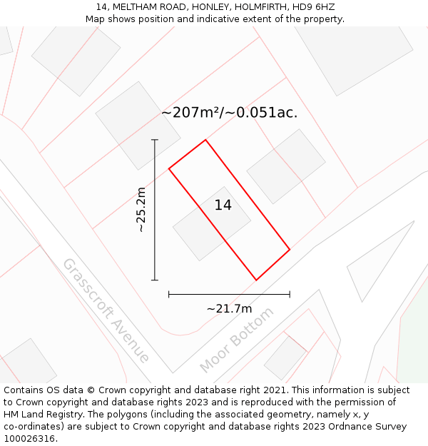14, MELTHAM ROAD, HONLEY, HOLMFIRTH, HD9 6HZ: Plot and title map