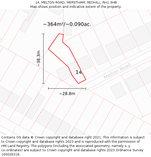 14, MELTON ROAD, MERSTHAM, REDHILL, RH1 3HB: Plot and title map