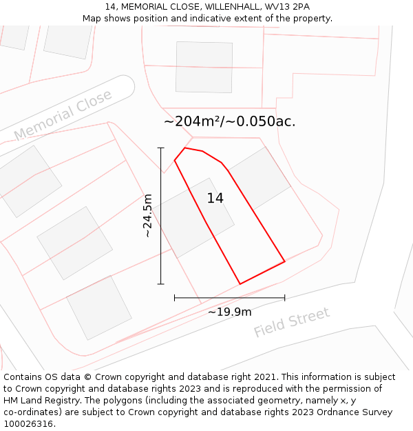 14, MEMORIAL CLOSE, WILLENHALL, WV13 2PA: Plot and title map