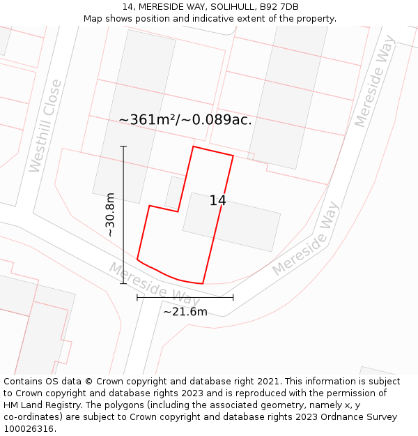 14, MERESIDE WAY, SOLIHULL, B92 7DB: Plot and title map