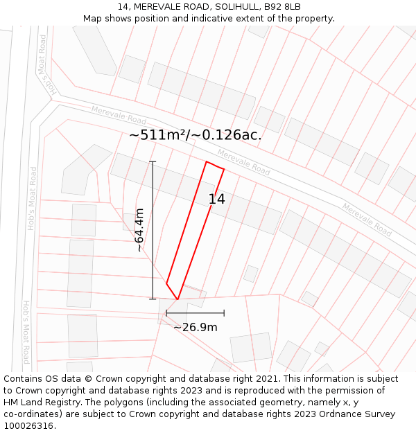 14, MEREVALE ROAD, SOLIHULL, B92 8LB: Plot and title map