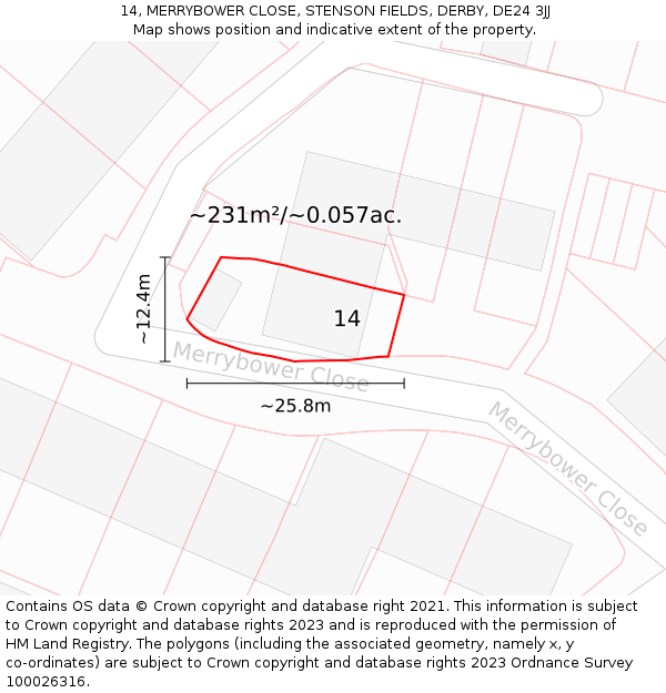 14, MERRYBOWER CLOSE, STENSON FIELDS, DERBY, DE24 3JJ: Plot and title map