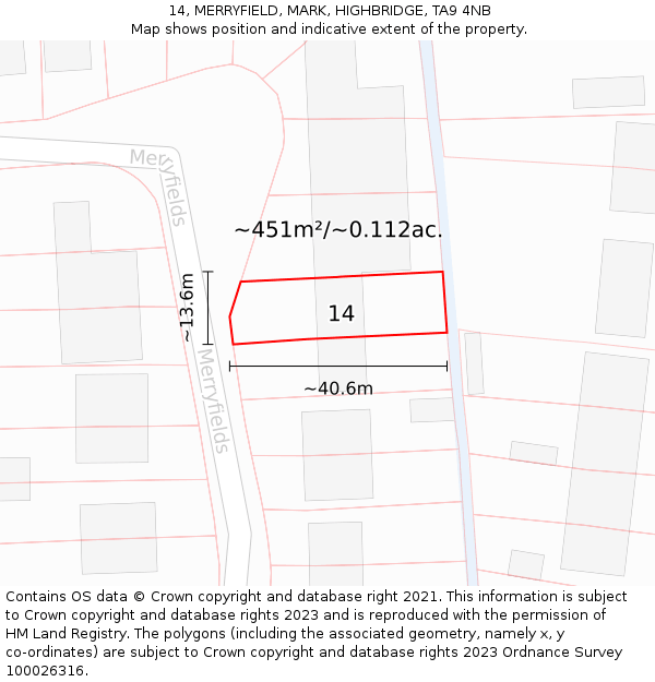14, MERRYFIELD, MARK, HIGHBRIDGE, TA9 4NB: Plot and title map