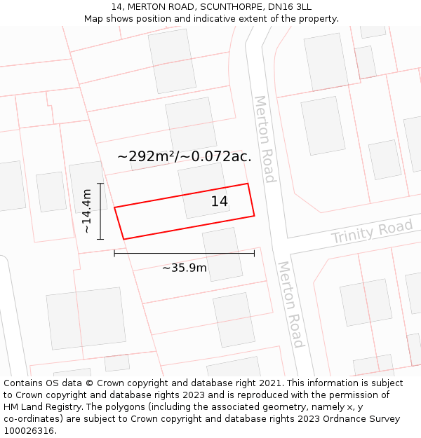 14, MERTON ROAD, SCUNTHORPE, DN16 3LL: Plot and title map