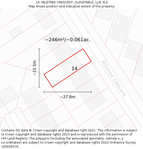 14, MILETREE CRESCENT, DUNSTABLE, LU6 3LS: Plot and title map