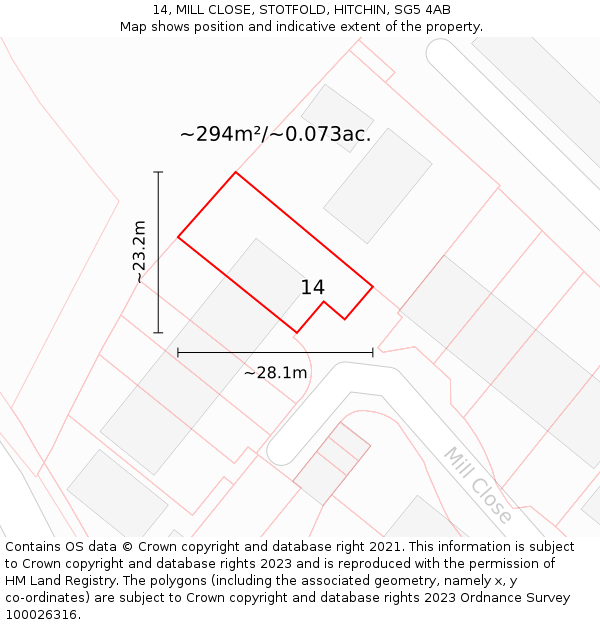 14, MILL CLOSE, STOTFOLD, HITCHIN, SG5 4AB: Plot and title map