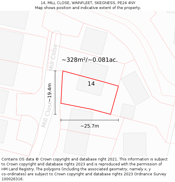 14, MILL CLOSE, WAINFLEET, SKEGNESS, PE24 4NY: Plot and title map