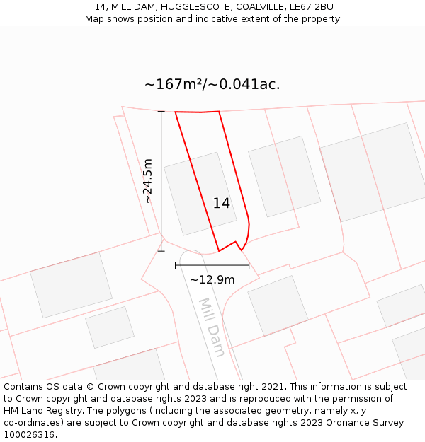 14, MILL DAM, HUGGLESCOTE, COALVILLE, LE67 2BU: Plot and title map