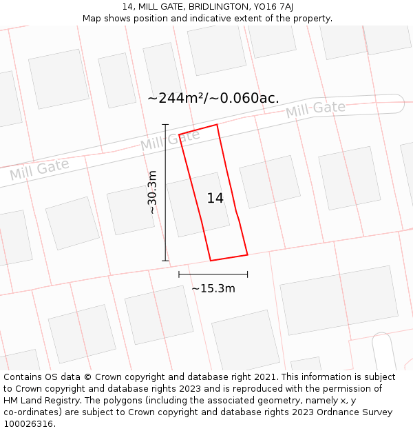 14, MILL GATE, BRIDLINGTON, YO16 7AJ: Plot and title map