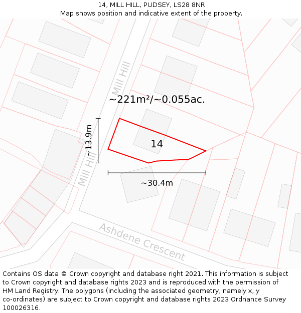 14, MILL HILL, PUDSEY, LS28 8NR: Plot and title map