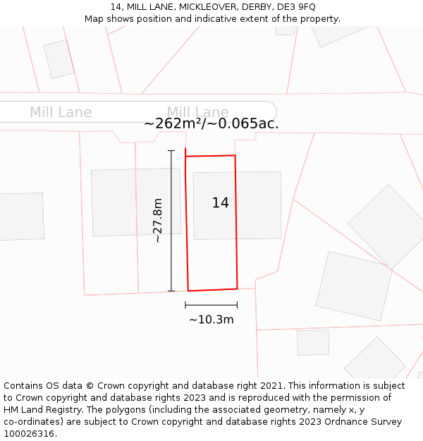 14, MILL LANE, MICKLEOVER, DERBY, DE3 9FQ: Plot and title map