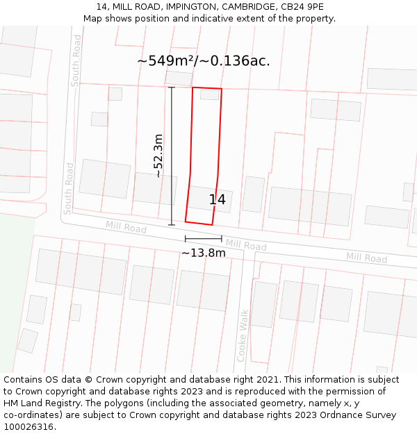 14, MILL ROAD, IMPINGTON, CAMBRIDGE, CB24 9PE: Plot and title map