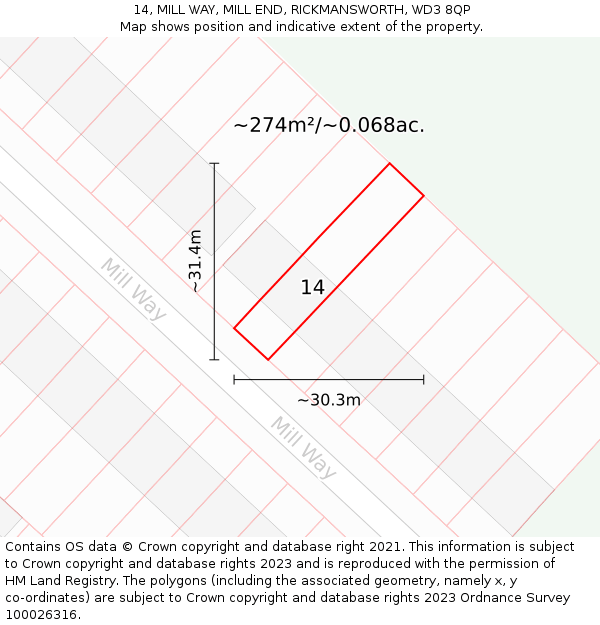 14, MILL WAY, MILL END, RICKMANSWORTH, WD3 8QP: Plot and title map