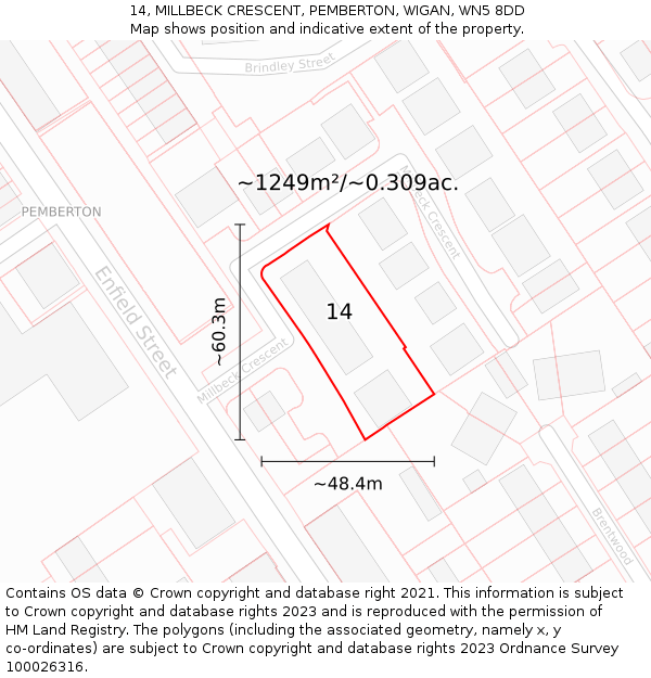 14, MILLBECK CRESCENT, PEMBERTON, WIGAN, WN5 8DD: Plot and title map
