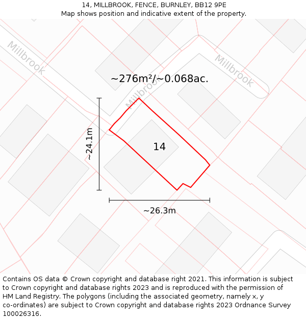 14, MILLBROOK, FENCE, BURNLEY, BB12 9PE: Plot and title map