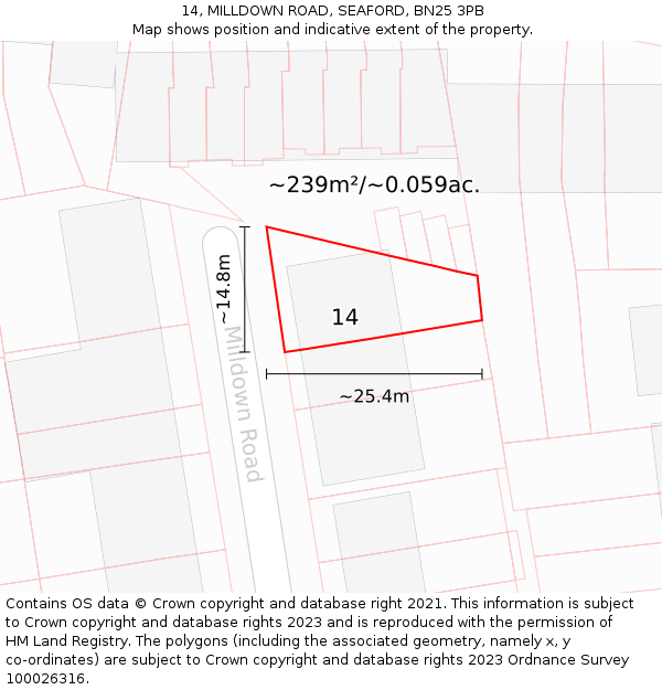 14, MILLDOWN ROAD, SEAFORD, BN25 3PB: Plot and title map