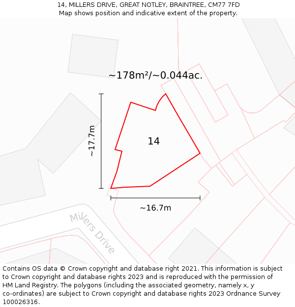 14, MILLERS DRIVE, GREAT NOTLEY, BRAINTREE, CM77 7FD: Plot and title map