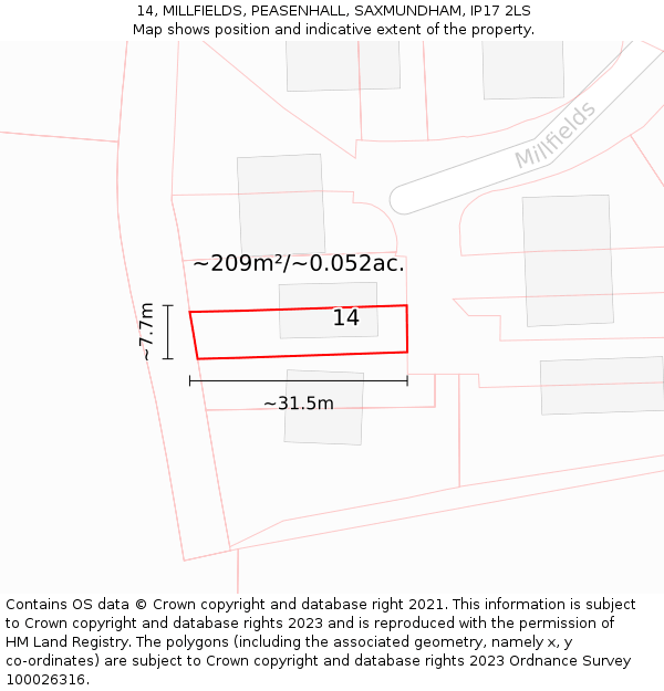 14, MILLFIELDS, PEASENHALL, SAXMUNDHAM, IP17 2LS: Plot and title map
