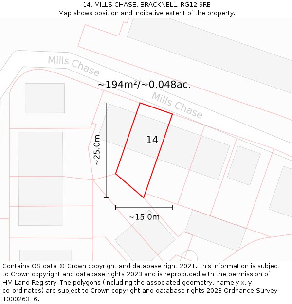 14, MILLS CHASE, BRACKNELL, RG12 9RE: Plot and title map