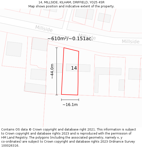 14, MILLSIDE, KILHAM, DRIFFIELD, YO25 4SR: Plot and title map