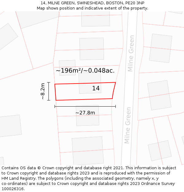 14, MILNE GREEN, SWINESHEAD, BOSTON, PE20 3NP: Plot and title map