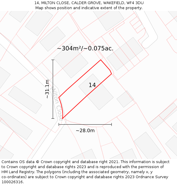14, MILTON CLOSE, CALDER GROVE, WAKEFIELD, WF4 3DU: Plot and title map