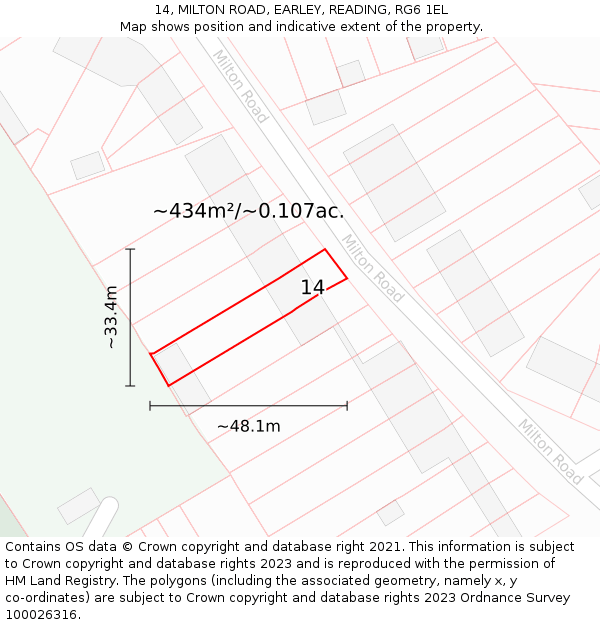 14, MILTON ROAD, EARLEY, READING, RG6 1EL: Plot and title map