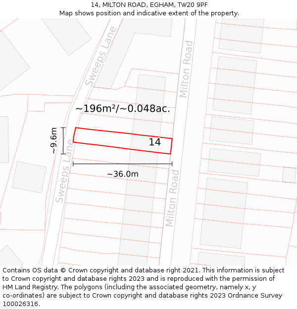 14, MILTON ROAD, EGHAM, TW20 9PF: Plot and title map