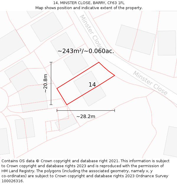 14, MINSTER CLOSE, BARRY, CF63 1FL: Plot and title map