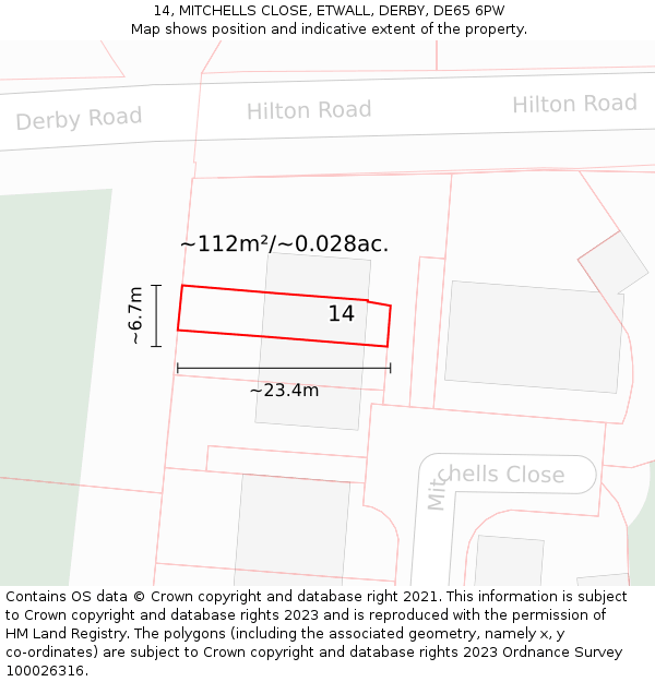 14, MITCHELLS CLOSE, ETWALL, DERBY, DE65 6PW: Plot and title map