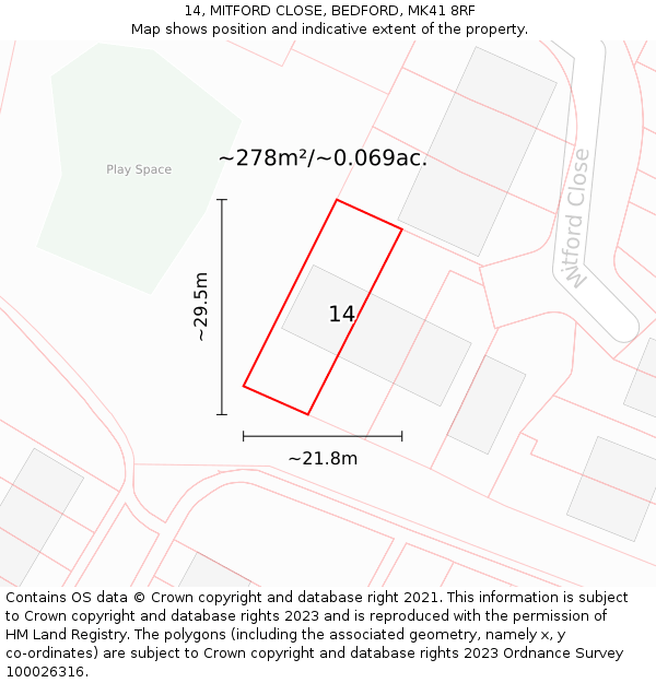 14, MITFORD CLOSE, BEDFORD, MK41 8RF: Plot and title map