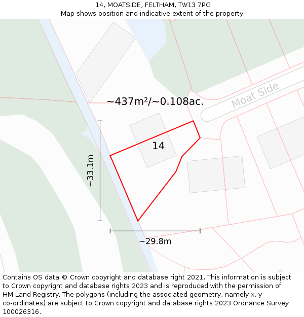 14, MOATSIDE, FELTHAM, TW13 7PG: Plot and title map
