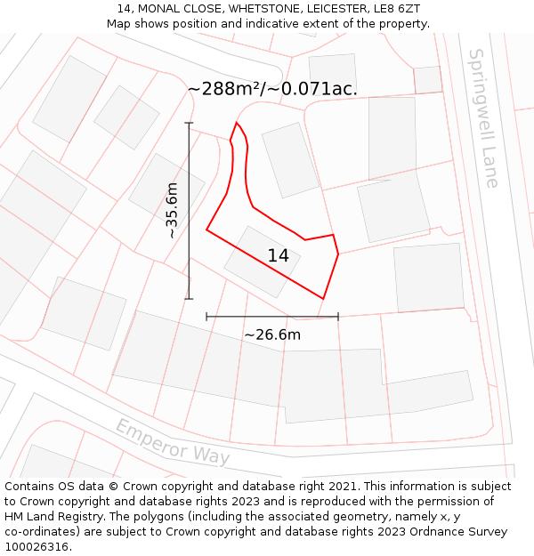14, MONAL CLOSE, WHETSTONE, LEICESTER, LE8 6ZT: Plot and title map