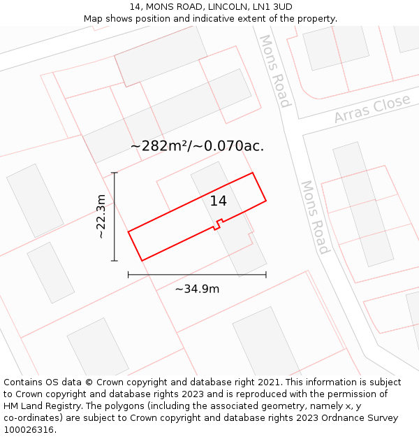 14, MONS ROAD, LINCOLN, LN1 3UD: Plot and title map