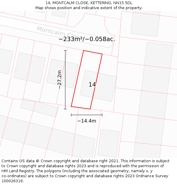14, MONTCALM CLOSE, KETTERING, NN15 5DL: Plot and title map