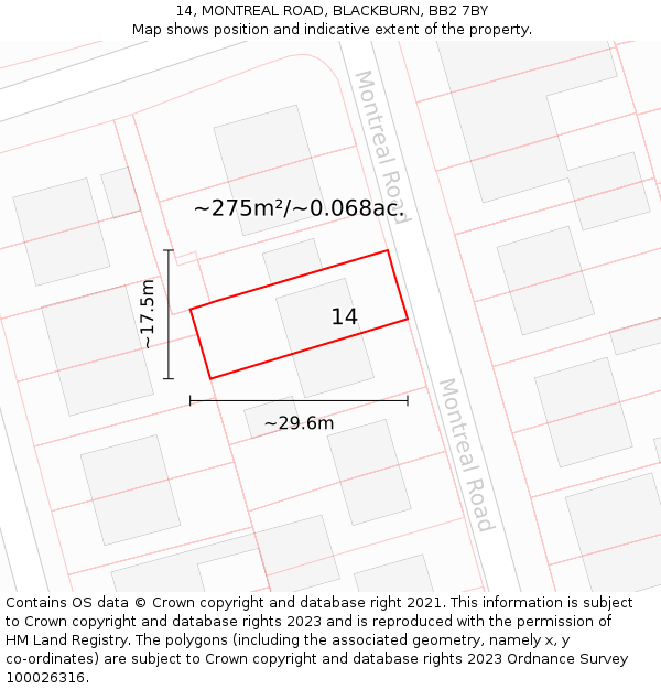 14, MONTREAL ROAD, BLACKBURN, BB2 7BY: Plot and title map