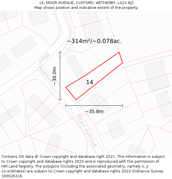 14, MOOR AVENUE, CLIFFORD, WETHERBY, LS23 6JZ: Plot and title map