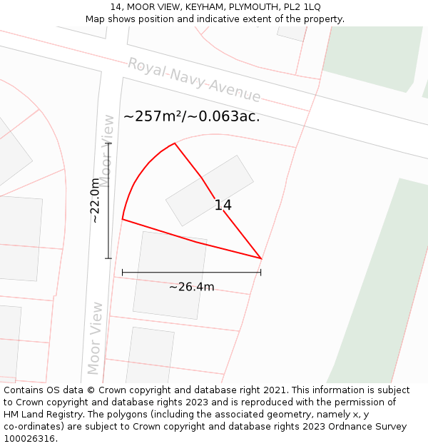 14, MOOR VIEW, KEYHAM, PLYMOUTH, PL2 1LQ: Plot and title map