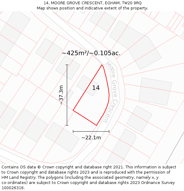 14, MOORE GROVE CRESCENT, EGHAM, TW20 9RQ: Plot and title map