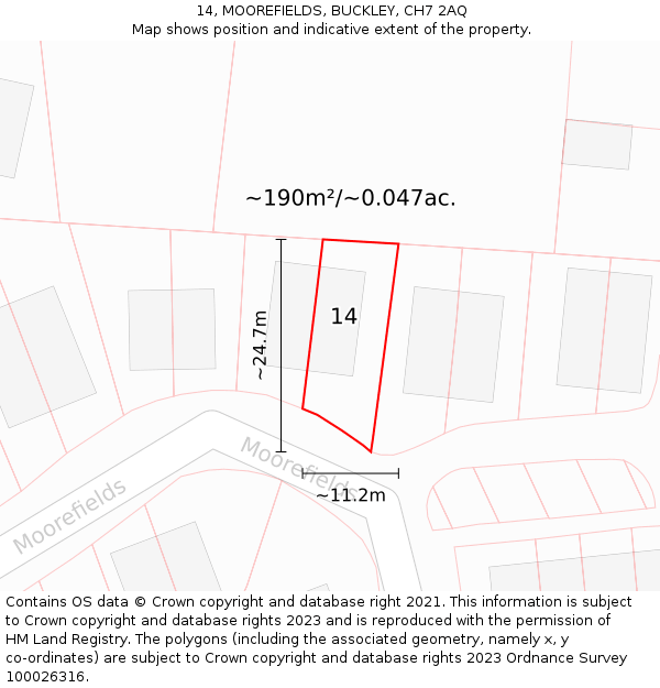 14, MOOREFIELDS, BUCKLEY, CH7 2AQ: Plot and title map