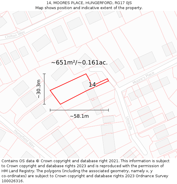 14, MOORES PLACE, HUNGERFORD, RG17 0JS: Plot and title map