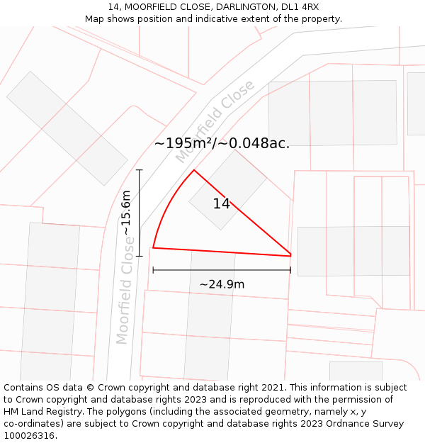 14, MOORFIELD CLOSE, DARLINGTON, DL1 4RX: Plot and title map