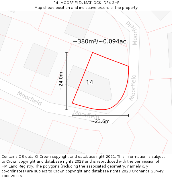 14, MOORFIELD, MATLOCK, DE4 3HF: Plot and title map