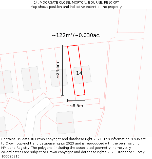 14, MOORGATE CLOSE, MORTON, BOURNE, PE10 0PT: Plot and title map