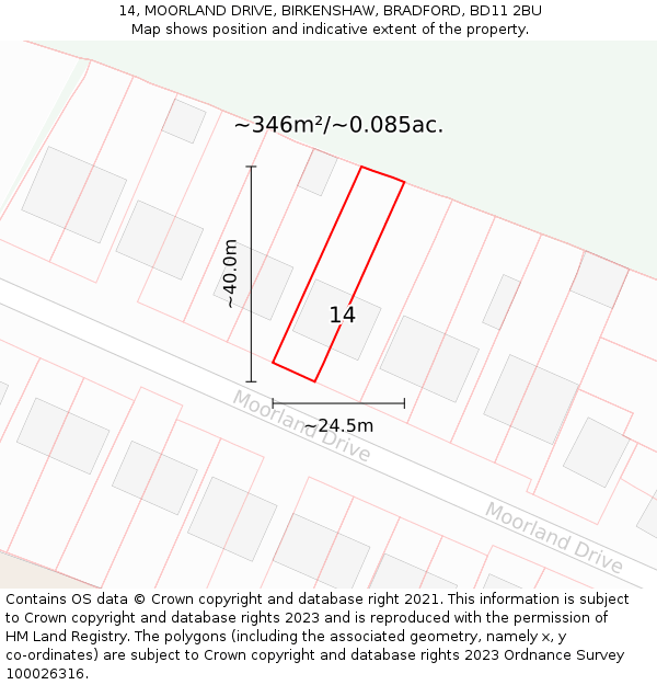 14, MOORLAND DRIVE, BIRKENSHAW, BRADFORD, BD11 2BU: Plot and title map