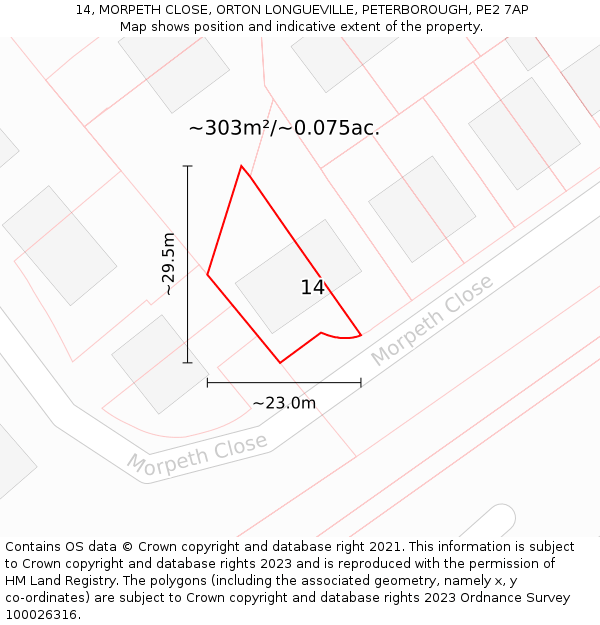 14, MORPETH CLOSE, ORTON LONGUEVILLE, PETERBOROUGH, PE2 7AP: Plot and title map