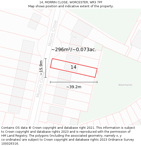 14, MORRIN CLOSE, WORCESTER, WR3 7PF: Plot and title map