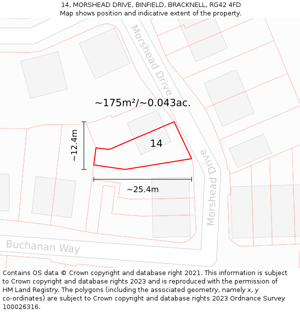 14, MORSHEAD DRIVE, BINFIELD, BRACKNELL, RG42 4FD: Plot and title map
