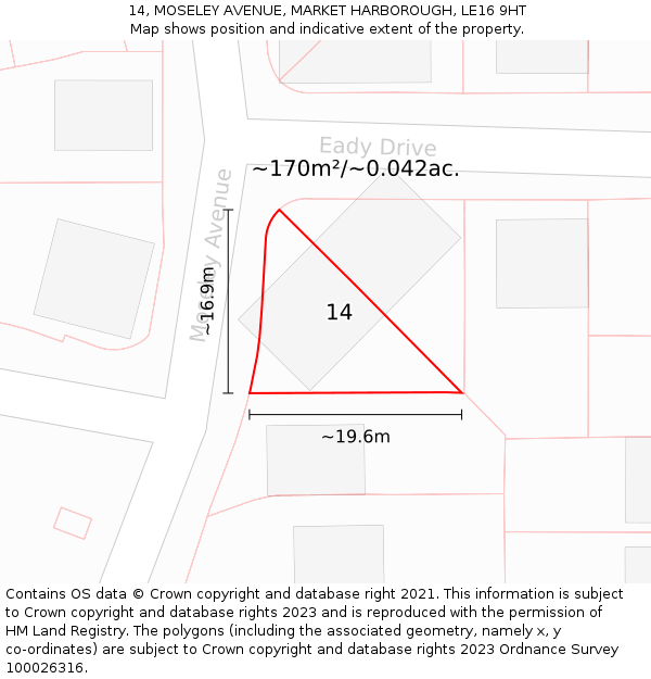 14, MOSELEY AVENUE, MARKET HARBOROUGH, LE16 9HT: Plot and title map